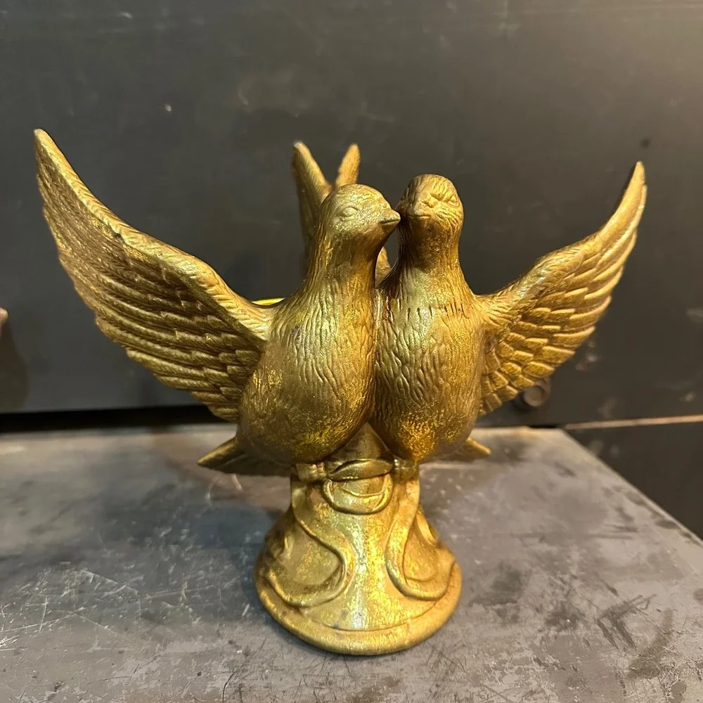 Vintage Gold Tone Ceramic Love Birds‎ Candlestick Holder Romantic Table Decor